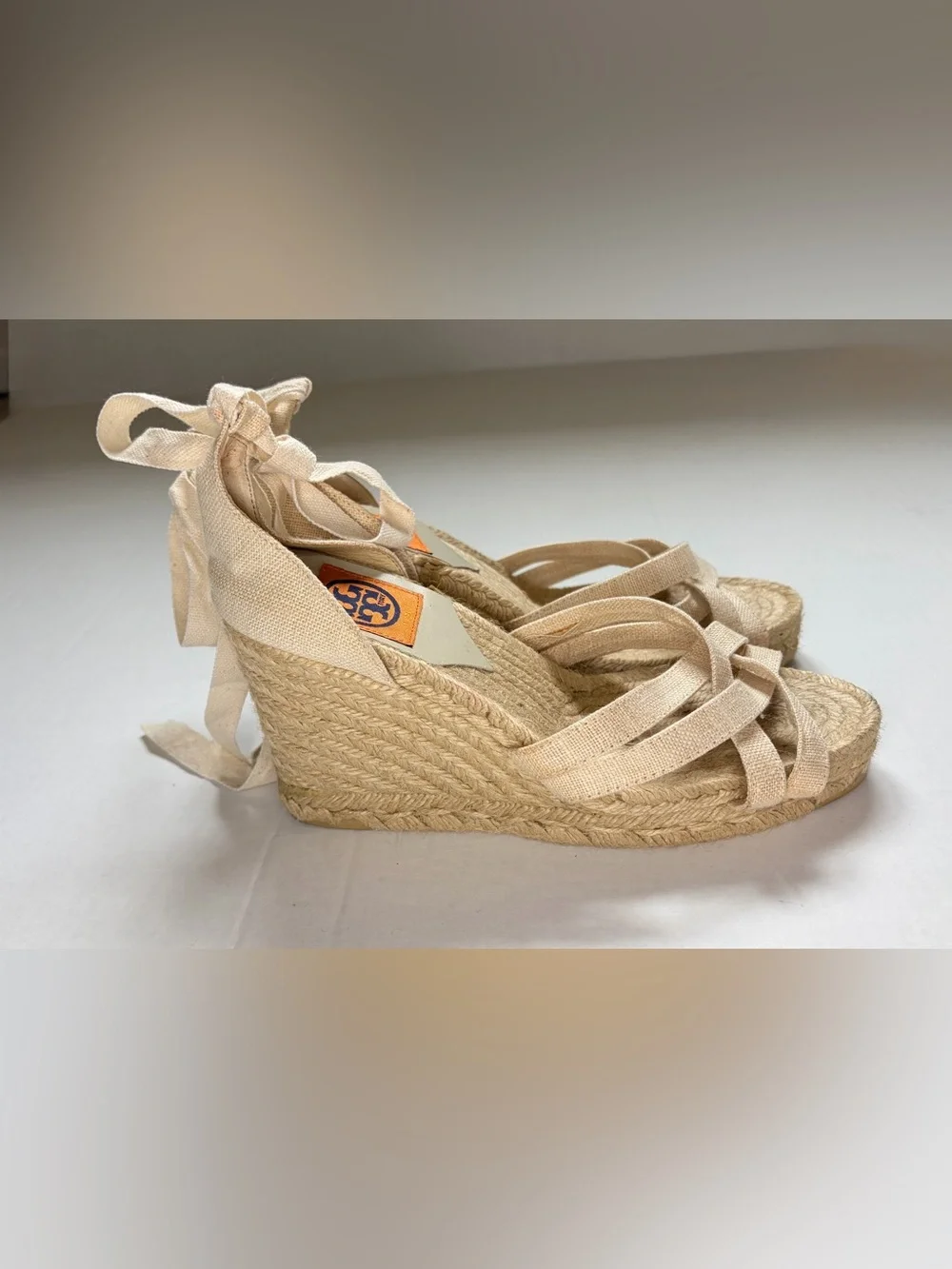 Tory Burch Jackie Espadrille Wedge Natural Canvas Lace-Up 9.5 Spain